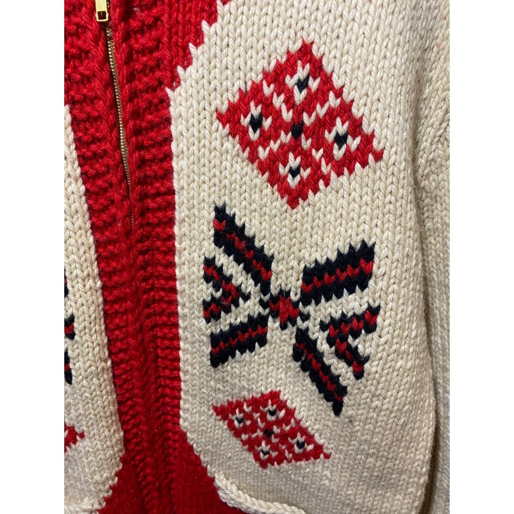 Vintage Mary Maxim Pueblo Indian Hand Knit Cowichan Sweater‎ Red Cream Zip XL - Picture 2 of 7